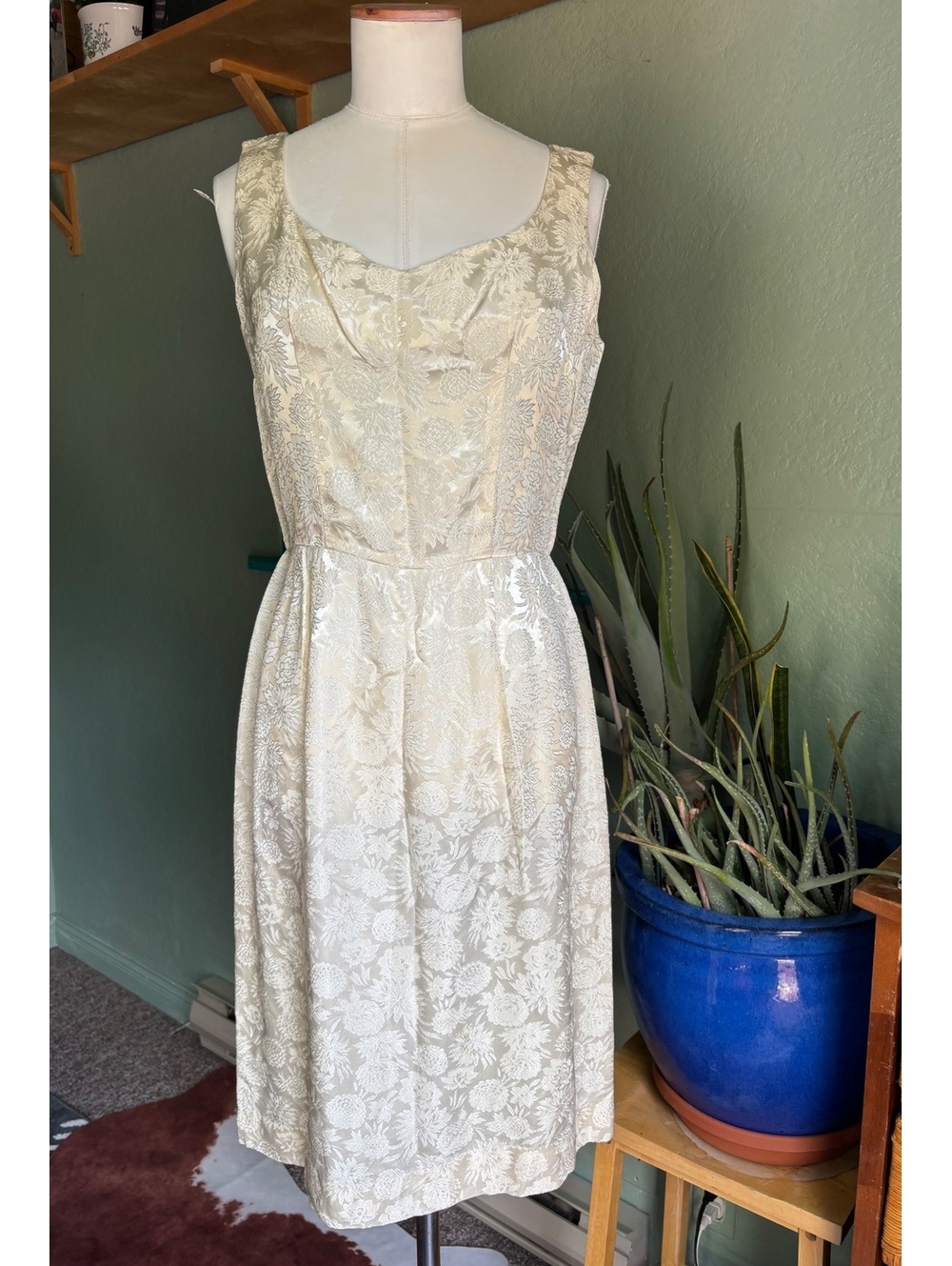 Vintage 1960s Ivory Brocade Sheath Dress Floral Jacquard Cocktail Dress